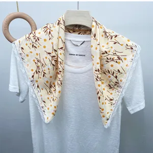 Floral silk square scarf with delicate white lace trim, elegant spring and summer accessory.