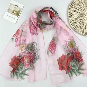 Frühling Sommer rosa Blumen Chiffon langer Schal chinesischer Stil Pfingstrose Sonnenschutz