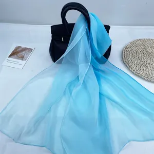 Blue gradient chiffon scarf for women, lightweight breathable sun protection shawl and neckerchief.