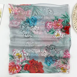 Frühling Sommer langer Seidenschal Sonnenschutz Blumen Pfingstrose Damen Chiffon Schal Detail