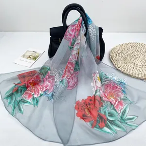Frühling Sommer langer Seidenschal elegante Pfingstrosen Druck Damen Chiffon Tuch