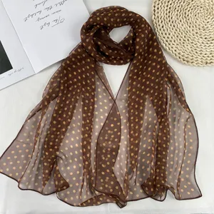 Women brown polka dot chiffon scarf summer lightweight vintage neck scarf sun protection wrap