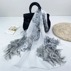 Frühling Sommer langer Chiffon Schal mit Pfingstrosen Muster, eleganter Damenschal Sonnenschutz.