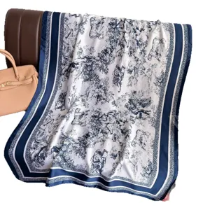 Luxury mulberry silk scarf with classic French toile de jouy print, elegant women shawl.