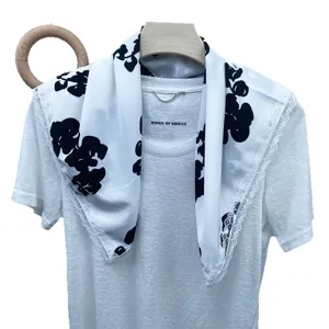 Elegant black and white floral square scarf with delicate lace trim for women versatile daily wear.