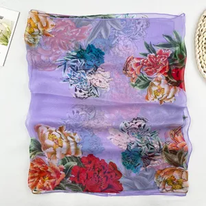 Blumenmuster lila langer Schal für Damen, eleganter Chiffon Schal für Frühling und Sommer.