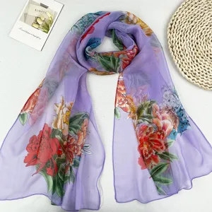 Frühling Sommer lang lila Blumen Seidenschal elegant Damen Georgette Sonnenschutz Tuch