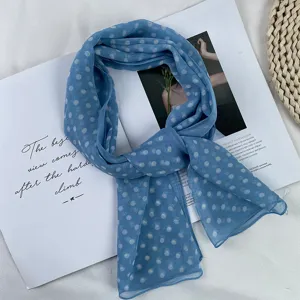 Summer blue polka dot georgette scarf, elegant thin sun protection neck scarf for outdoor travel.