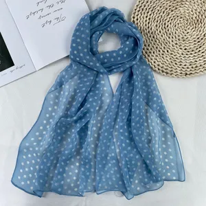 Blue polka dot chiffon scarf, lightweight summer sun protection neck wrap and elegant accessory.