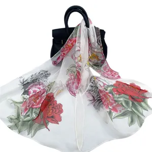 Damen lange Seidenschal Chiffon Pfingstrose Blumenmuster Sonnenschutz leichtes Tuch