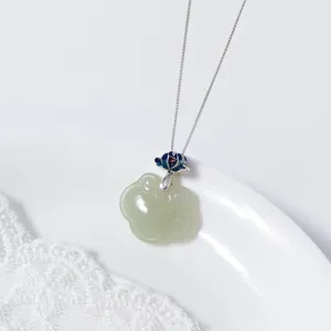 S925 Sterling Silver Hetian Jade Lotus Ruyi Pendant Only (Without Chain) Minimalist Retro Enamel Flower Jewelry For Women