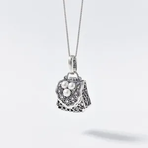 Vintage S925 sterling silver hollow handbag pearl pendant necklace elegant jewelry gift