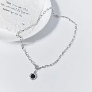 Collier en Argent Sterling 925 Chiffres Romains Agate Noire pour Femmes Pendentif Cercle en Strass Bijoux Décontractés de Luxe Cadeau