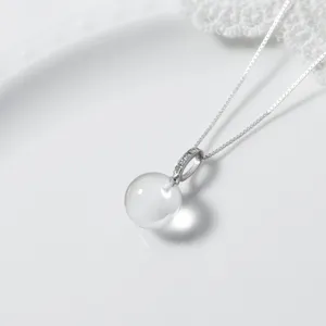 Pendentif Perle Ronde en Cristal Blanc Argent Sterling 925 Néo-Chinois Minimaliste Fermoir Strass Bijoux Femme Accessoire de Collier