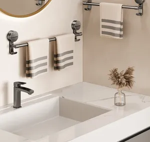 Modern black bathroom suction towel bar with double hooks, wall-mounted metal rack.