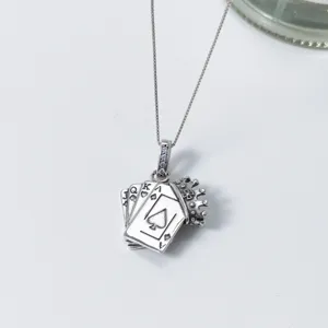 S925 silver retro poker card crown pendant necklace, trendy streetwear diamond jewelry detail.