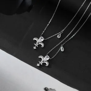 S925 Sterling Silver Vintage Fleur-de-lis Rhinestone Water Drop Pendant Necklace Elegant Retro Charm Jewelry For Women Gift