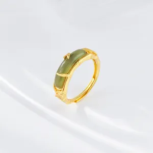 Exquisite S925 silver green jade bamboo ring featuring retro neo-Chinese design details.