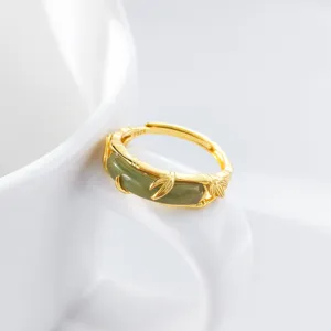 Close-up detail of the S925 silver green jade bamboo ring showcasing exquisite craftsmanship.