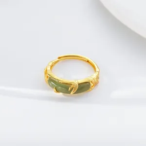Detail view of S925 silver green jade bamboo ring, modern Chinese retro style jewelry.