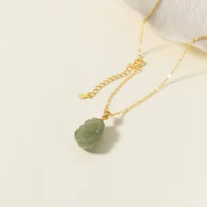 Collar con colgante PiXiu de jade verde Hotan y plata S925, estilo retro muy elegante.
