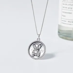 Vintage S925 Sterling Silver Teddy Bear Round Pendant Necklace Retro Cute Jewelry Gift