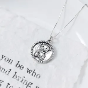 Vintage S925 Sterling Silver Teddy Bear Round Pendant Literary Retro Thai Silver Pendant Only For Women Men Jewelry Gift