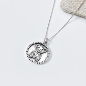 S925 silver retro little bear round pendant necklace detail view, exquisite vintage craftsmanship.