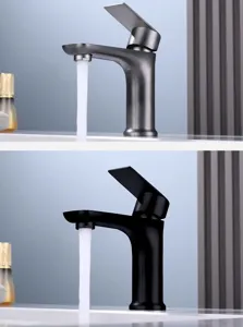 Stainless steel basin faucet, flat single cold water tap for bathroom countertop installation.