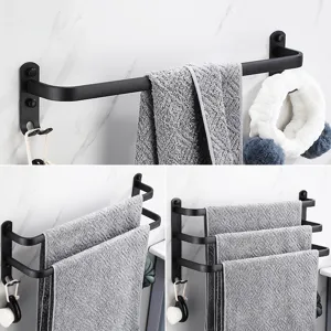 Modern Black Aluminum Towel Bar Punch Free Bathroom Towel Holder Single Double Triple Rail Wall Mounted Storage Rack