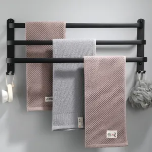 Nordic black space aluminum three-bar towel rack wall mounted bathroom storage organizer shelf.