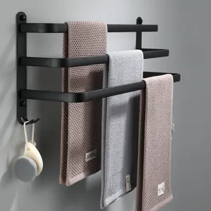 Black space aluminum 3-tier towel rack wall mounted bathroom storage organizer pole holder
