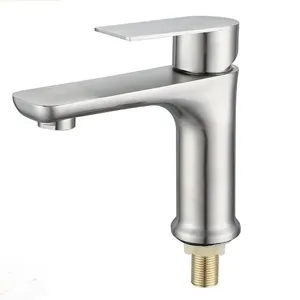 Stainless steel basin faucet, modern single cold bathroom sink tap with flat handle design.