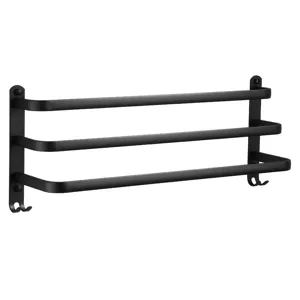 Black multi-tier bathroom towel rack wall-mounted metal holder with hooks for home storage