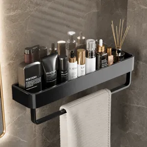 Schwarzes Wand-Badezimmerregal mit Handtuchhalter moderner Aluminium Duschorganizer.