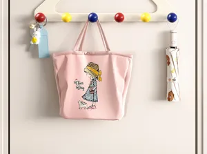 Close-up detail of colorful wall-mounted hook rack hanging bags and accessories in room.