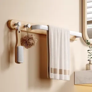 Toallero de Madera Maciza Moderno Sin Punzonado Montado en Pared de Baño Toallero con Ganchos Soporte de Madera