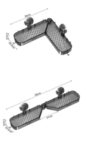 Detaillierte Ansicht des Wand-Bad-Eckregals mit präzisen Maßangaben und klappbarem Design.