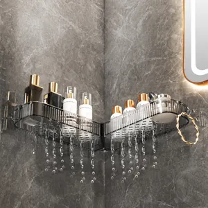 Badezimmer Eckregal Duschregal Wandmontage transparent grau fuer Shampoo und Duschgel.