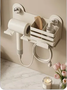 Wall-mounted hair dryer holder punch-free bathroom organizer with storage compartments.