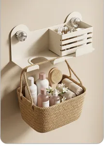 Wall-mounted bathroom storage rack with woven basket organizer for daily essentials and toiletries.