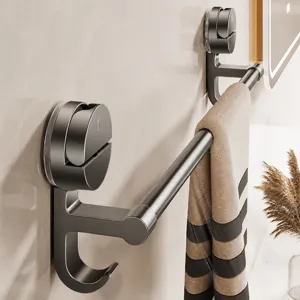 Bathroom suction towel bar wall mounted punch-free single rail rack with bottom hook storage.