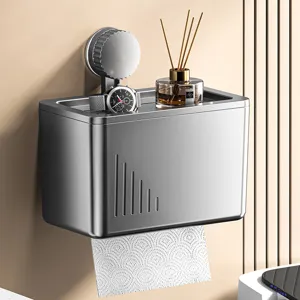 Soporte de papel higiénico con ventosa de pared y estante superior para el baño.