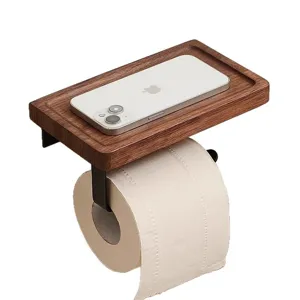 Wooden toilet paper holder with phone shelf wall mounted bathroom roll paper tissue dispenser