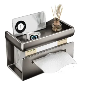 Wall Mounted Toilet Paper Holder And Tissue Box With Storage Shelf Punch-Free Multipurpose Restroom Organizer