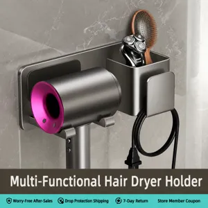 Minimalist Space Aluminum Carbon Steel Hair Dryer Holder Wall Mounted Punch Free Bathroom Storage Rack Gunmetal Gray