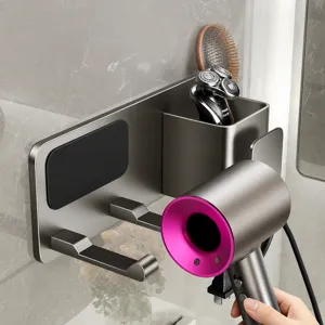Wall-mounted hair dryer holder bathroom organizer metal rack with silicone protection pad