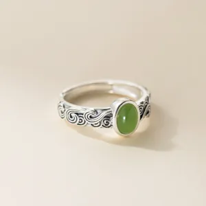 S925 sterling silver jasper ring with vintage cloud carving, elegant minimalist jewelry design.