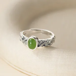 Vintage 925 Sterling Silver Jasper Xiangyun Ring For Women Adjustable Retro Thai Silver Inlaid Green Jasper Ring Chinese Style Jewelry Gift