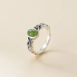 Vintage S925 Sterling Silver Green Jade Ring Thai Silver Auspicious Cloud Open Band